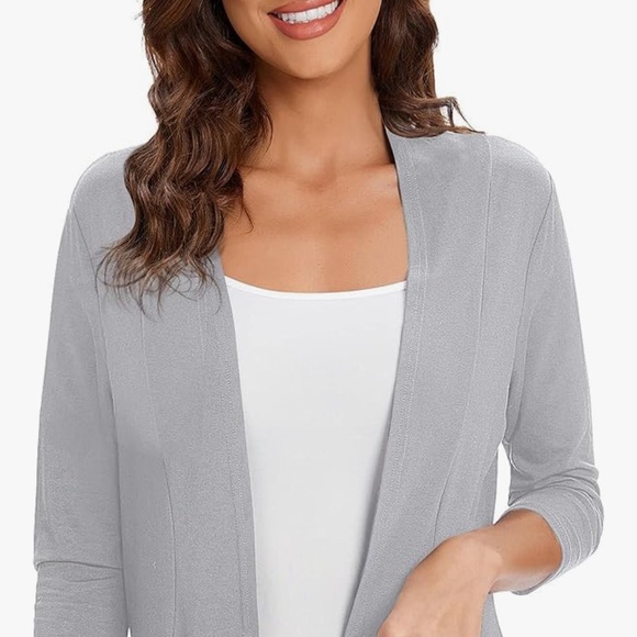 Women's Open Front Cardigan Jersey 3/4 Sleeves Dove Gray New With Tags Waterfall - Picture 13 of 16
